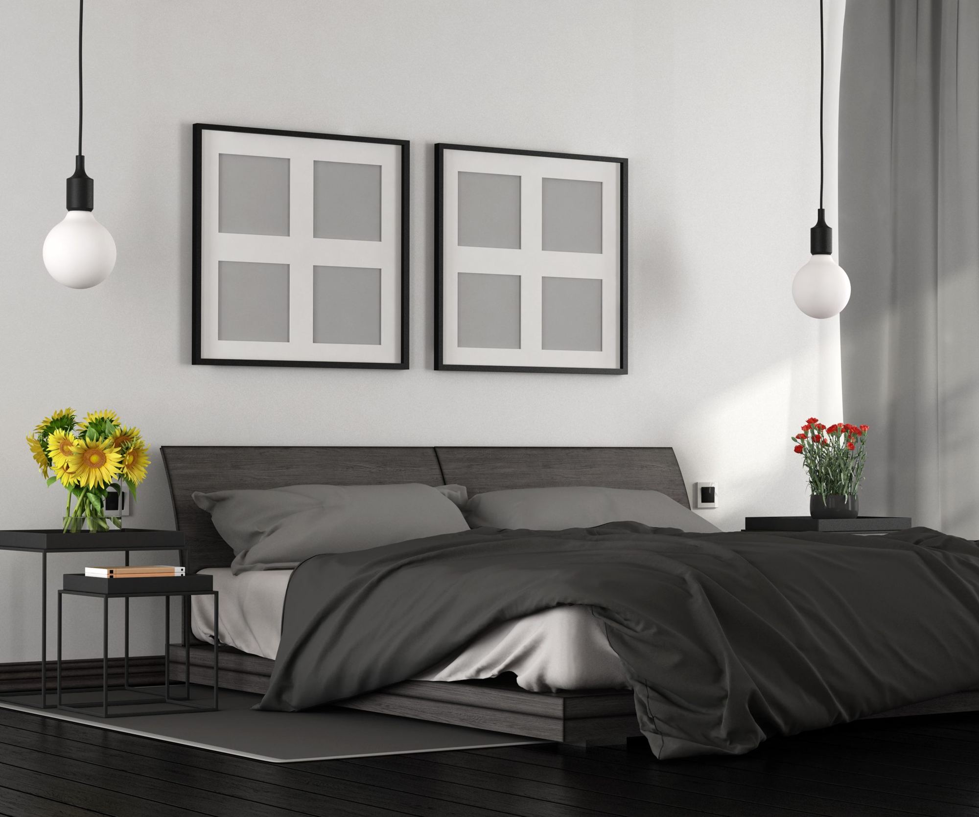 Bedroom with a low upholstered bed and pendant lights