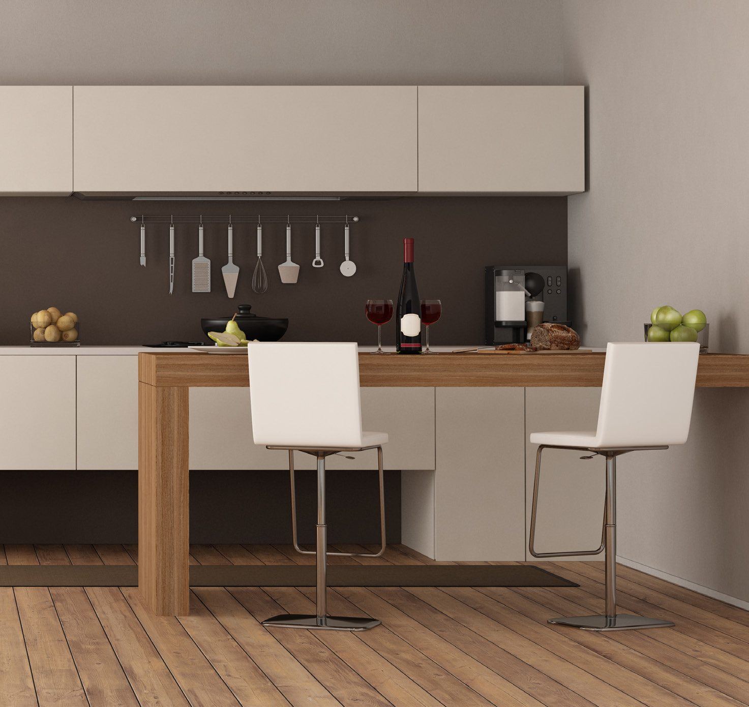 Kitchen cabinet detail in blue and timber