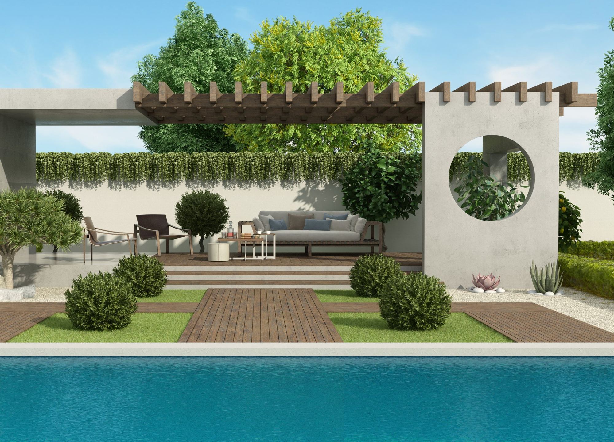 Garden terrace with a timber pergola beside a pool