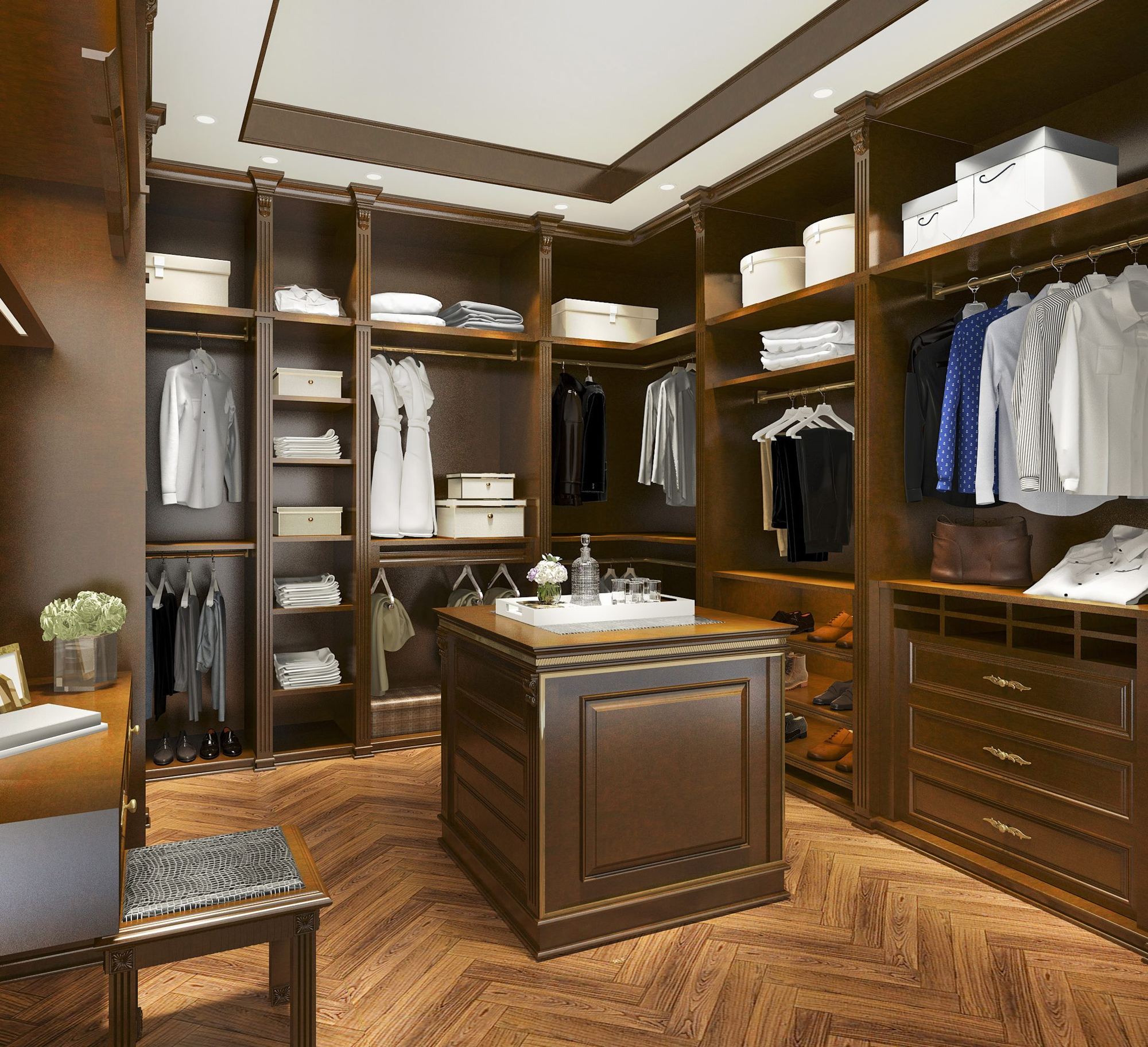 Walk-in wardrobe in dark wood with a central island